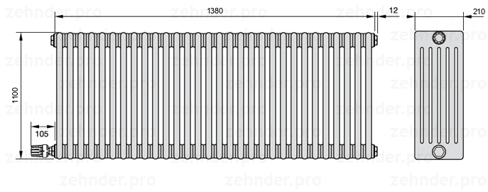 Схема (чертеж) Радиатор Zehnder Charleston 6110/30 №V004 Белый глянцевый RAL 9016